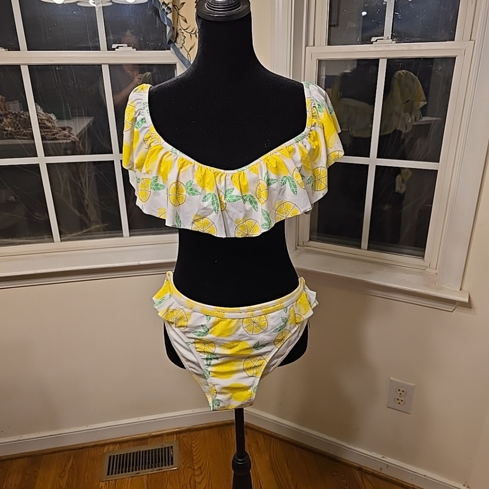 Sugar Coast Bikini Swimsuit Lolli Swim Top Bottom Sz L Lemon‎ Ruffle Yellow NWT